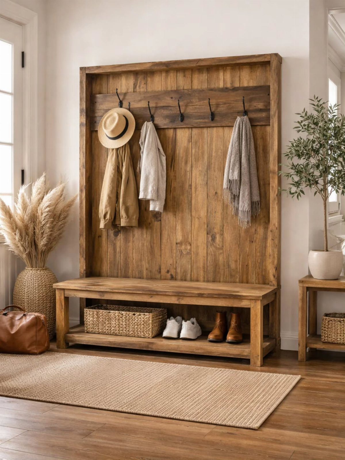 Rustic wooden entryway bench with storage shelf and matching wall-mounted coat rack.