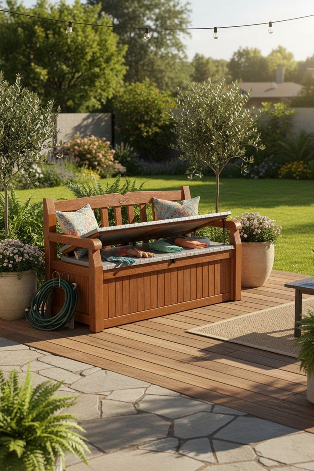 Brown wooden outdoor storage bench with open seat on a sunny garden deck.