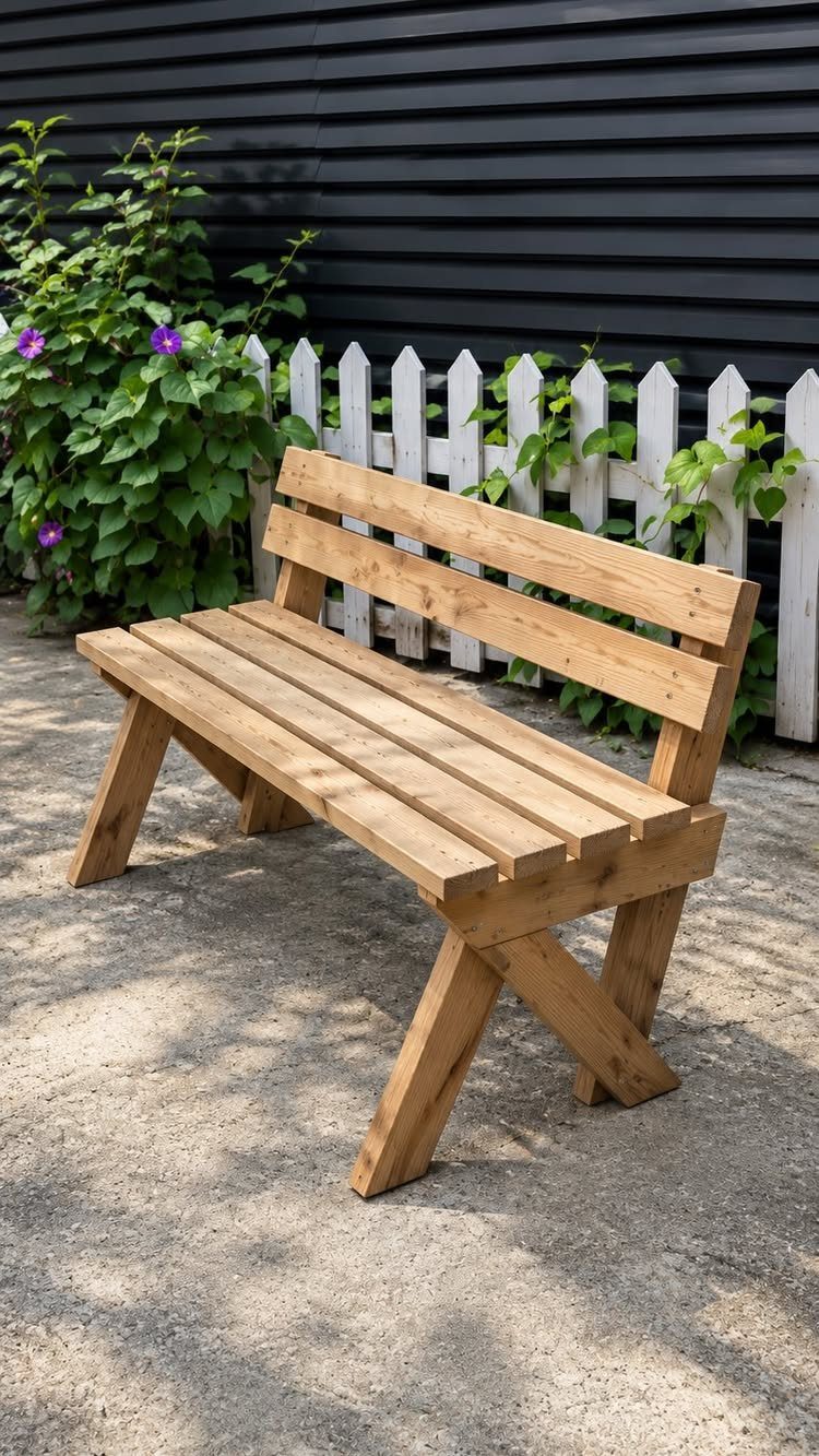 Wooden garden bench with slatted seat and backrest against a white picket fence.