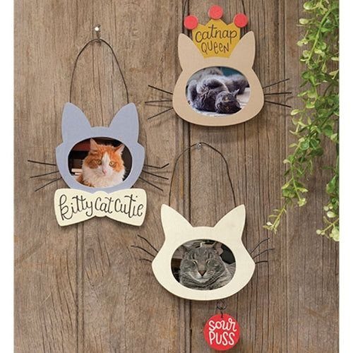 Wooden Cat Face Ideas: 5 Cutouts, Carvings and Wall Art 4 Wooden cat face frames with cat photos hanging on a rustic wooden wall.