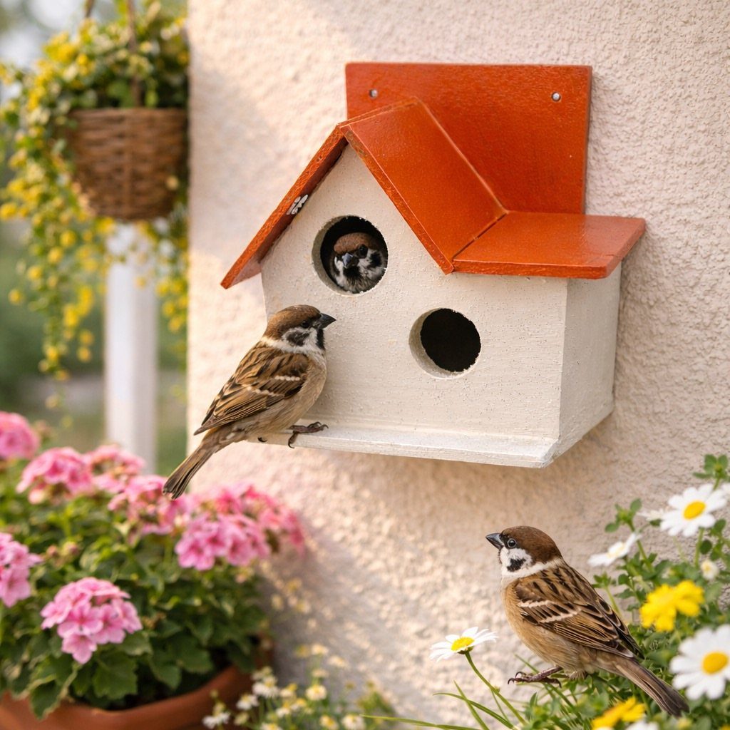 Wooden birdhouse with orange roof and white walls with three small sparrows around it.