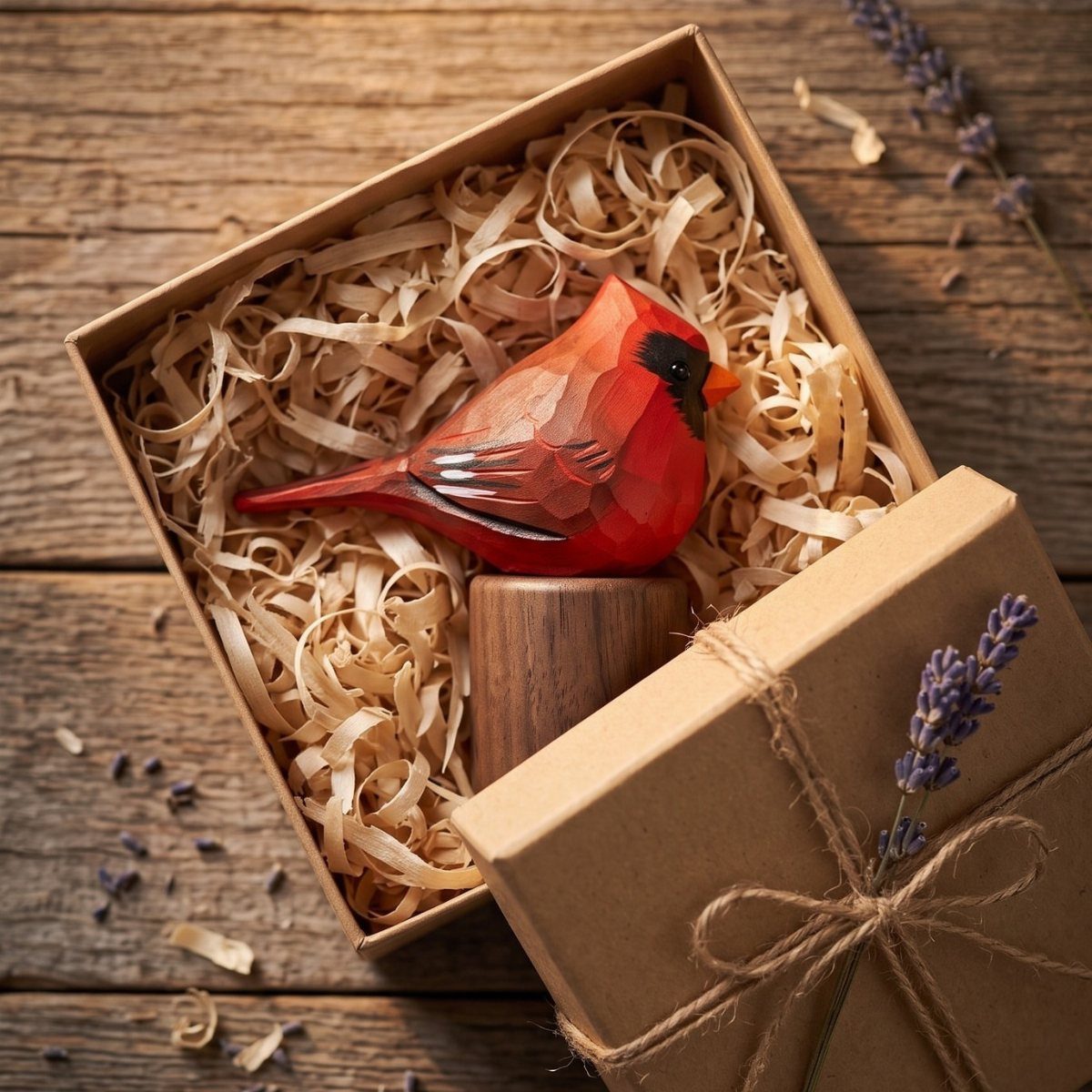 Carved wooden red cardinal bird in a gift box with wood shavings and twine.