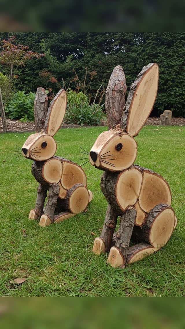Two wooden rabbit sculptures crafted from natural logs standing on green grass.