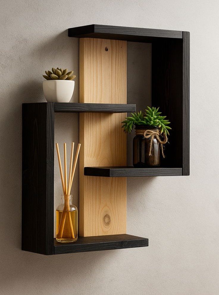 Geometric black and natural wood wall shelves holding small plants and a fragrance diffuser.