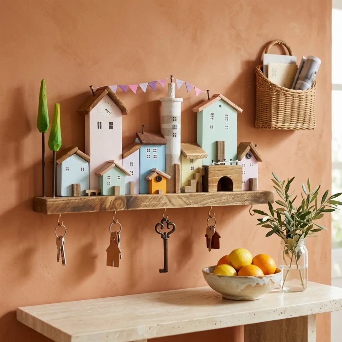 Wooden wall shelf with colorful miniature houses and keys hanging underneath on orange wall.