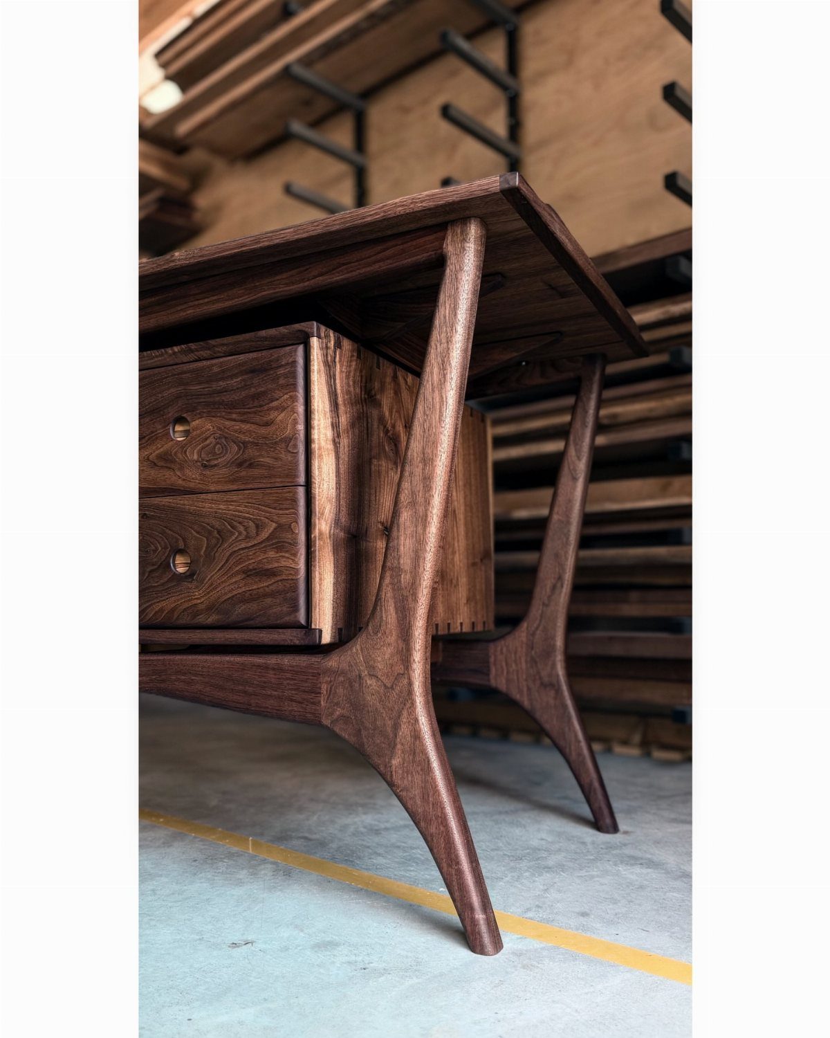 Dark brown wooden desk with curved legs and drawers in a workshop setting.