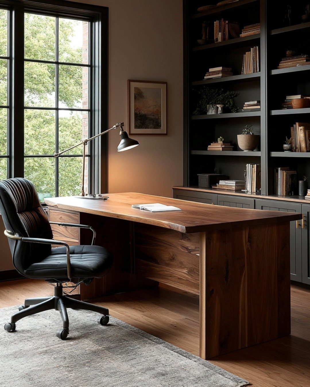 Solid dark wood desk with a black leather chair in a home office