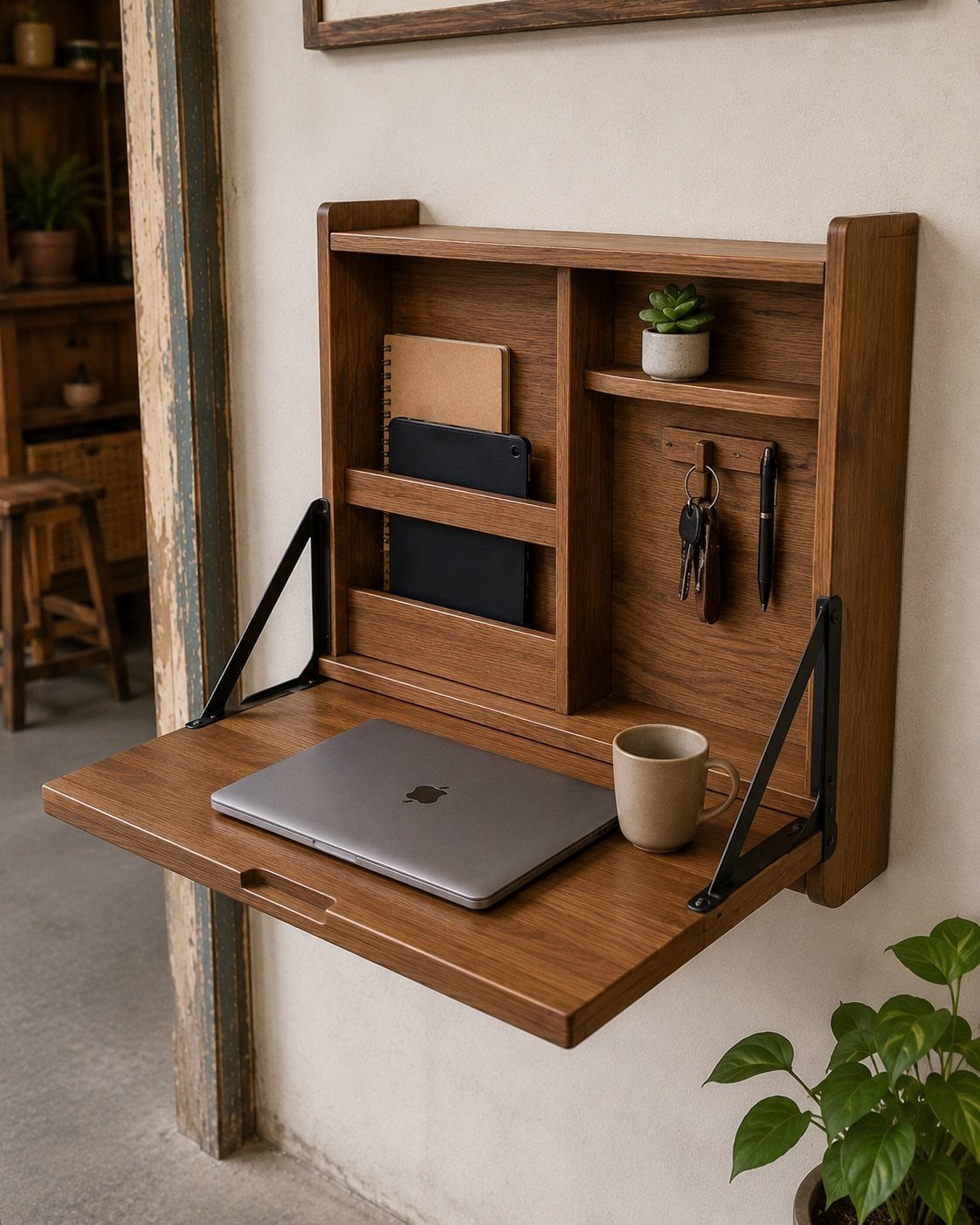 Wall-mounted wooden folding desk with a silver laptop and a beige ceramic mug.