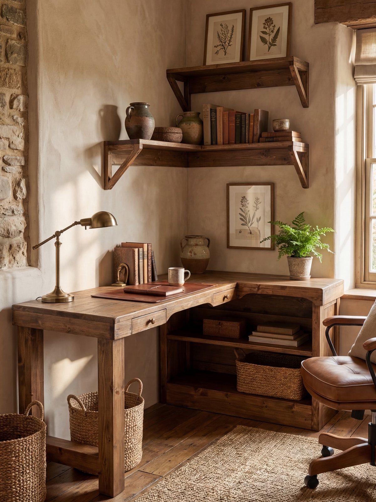 Rustic L-shaped wooden desk with a brass lamp and shelves in a cozy room