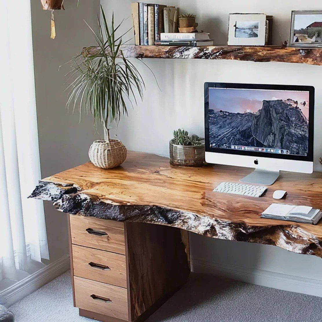 Live-edge wooden desk with drawers, an iMac, and a matching wall shelf.