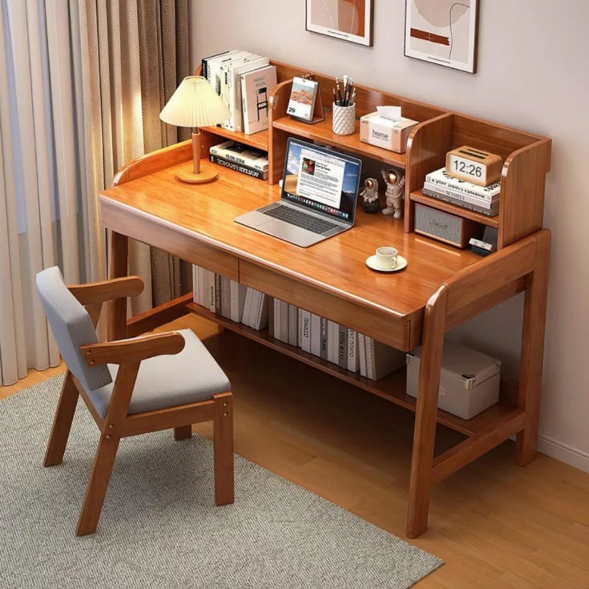 Polished wooden desk with a hutch and matching chair in a bright room