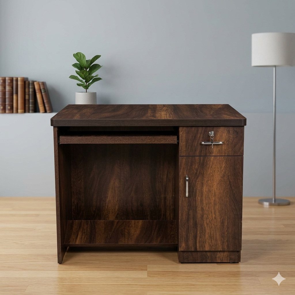 Dark brown wooden desk with a side cabinet and keyboard tray in a room.