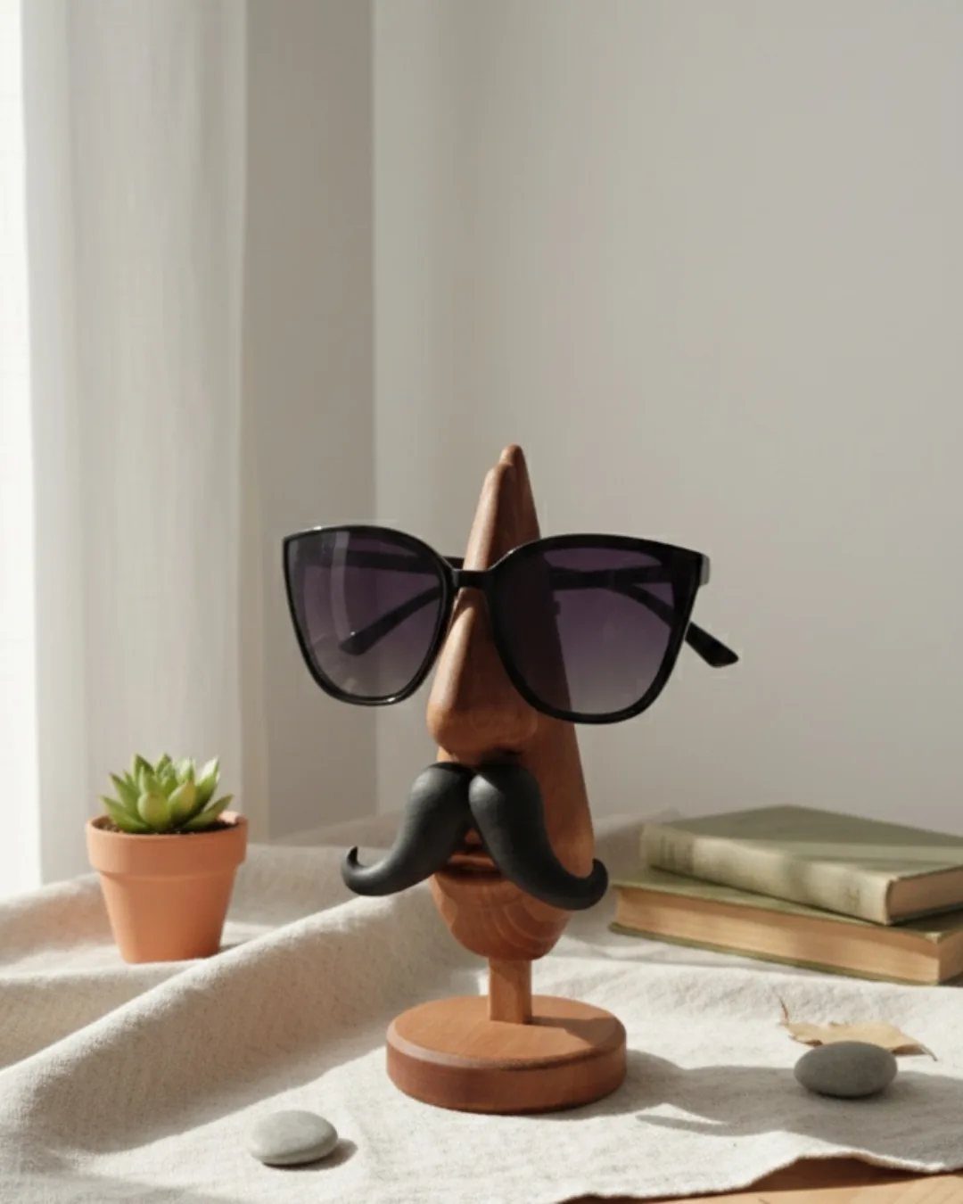 Wooden Glasses Holder: 10 Ideas for Every Desk 2 Wooden nose eyeglass holder with a mustache wearing black sunglasses on a table.