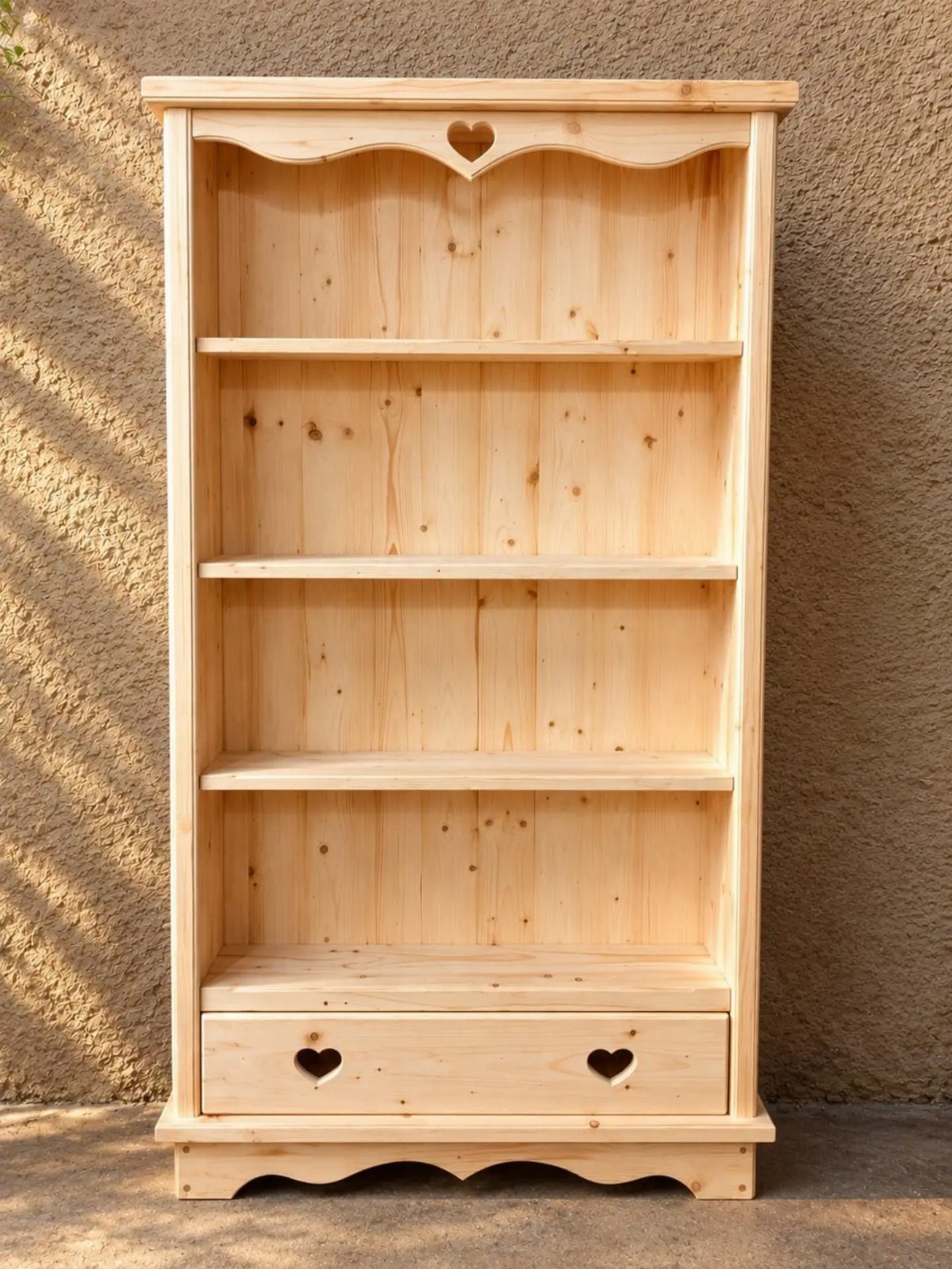Untreated wooden bookshelf with heart cutouts and scalloped edges against a beige wall