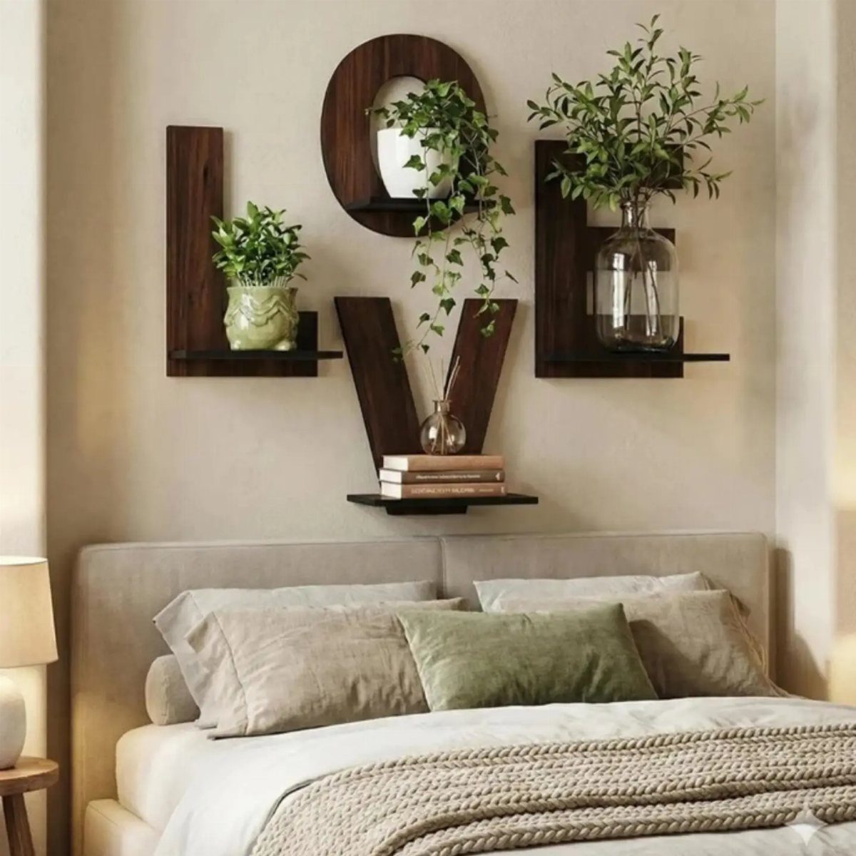 Wooden wall shelves spelling LOVE with plants, mounted above a cozy bed.