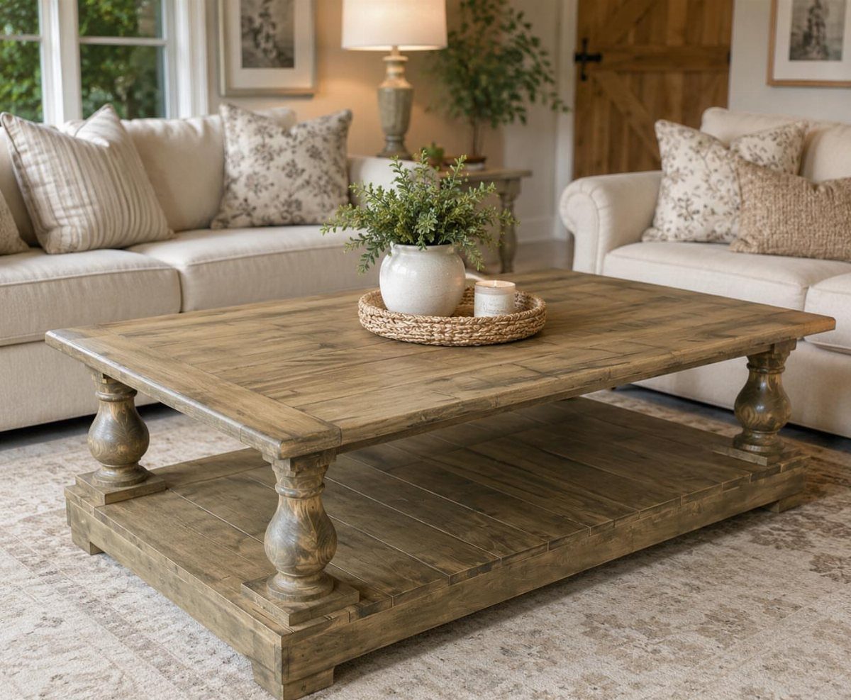 9 Woodworking Coffee Table Ideas for Every Skill Level 7 Rustic farmhouse coffee table with turned legs and a lower shelf in a living room.