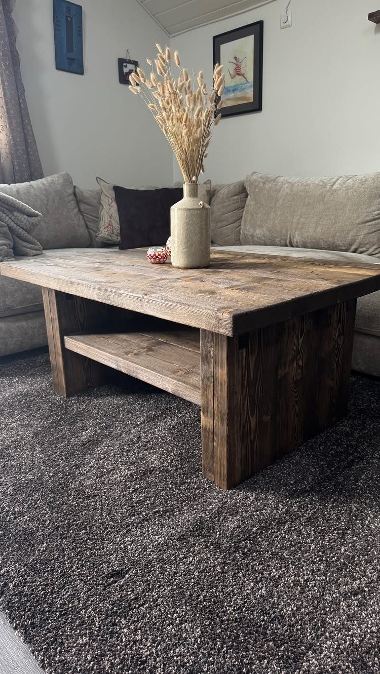 9 Woodworking Coffee Table Ideas for Every Skill Level 8 Rustic wooden coffee table with a lower storage shelf in a living room