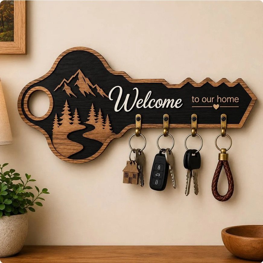 Key-shaped wooden wall holder with mountain scenery and keys hanging from metal hooks